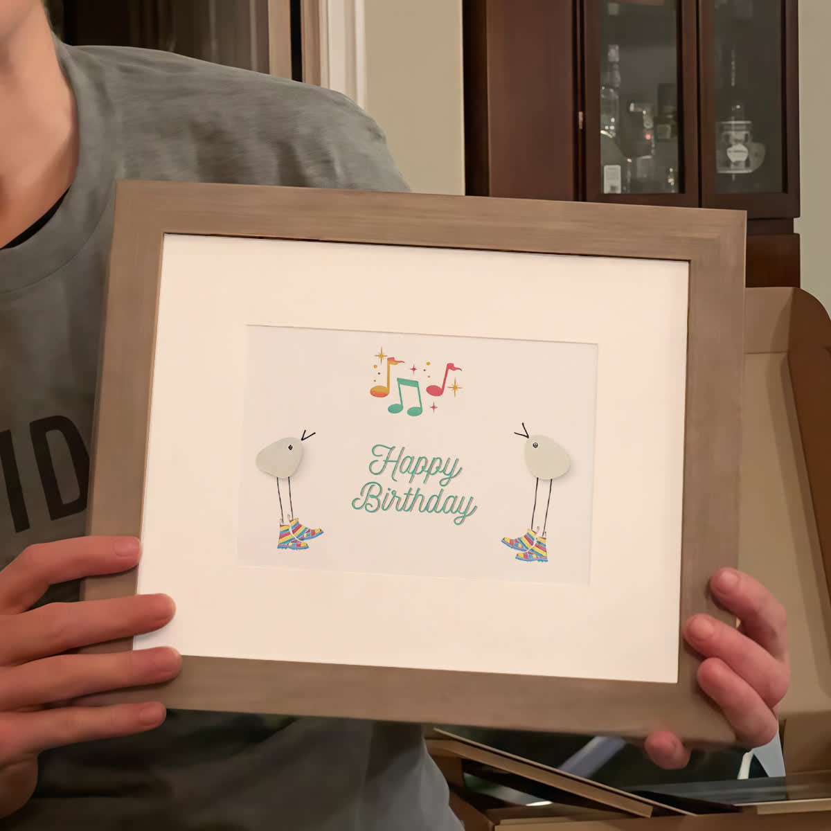 Happy Birthday Melody Dancing Birds Sea Glass Framed Art - image 0