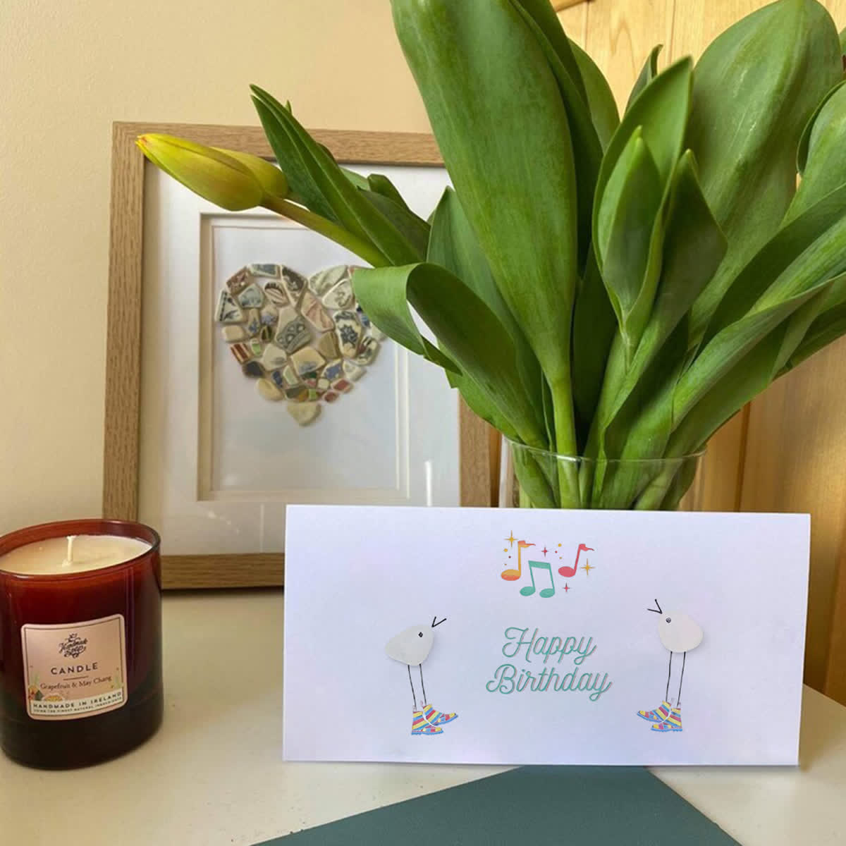 Happy Birthday Melody Dancing Birds Sea Glass Framed Art - Seaglass Card - 6" X 8" - image 1