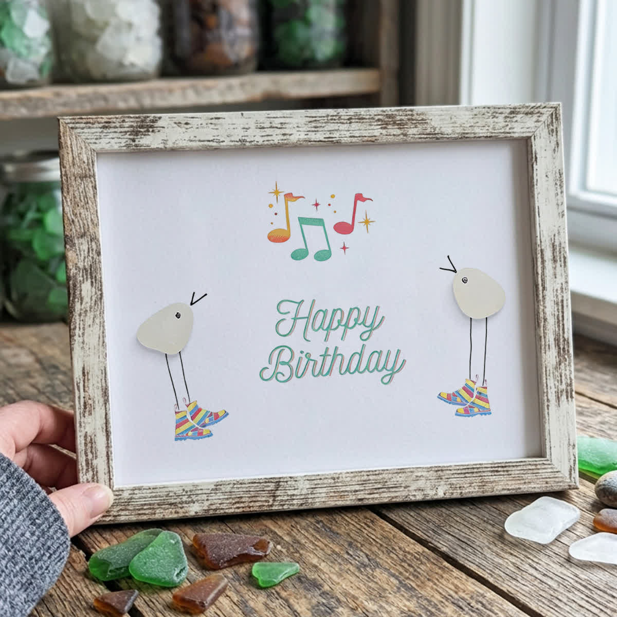 Happy Birthday Melody Dancing Birds Sea Glass Framed Art - Retro White - 6" X 8" - image 11