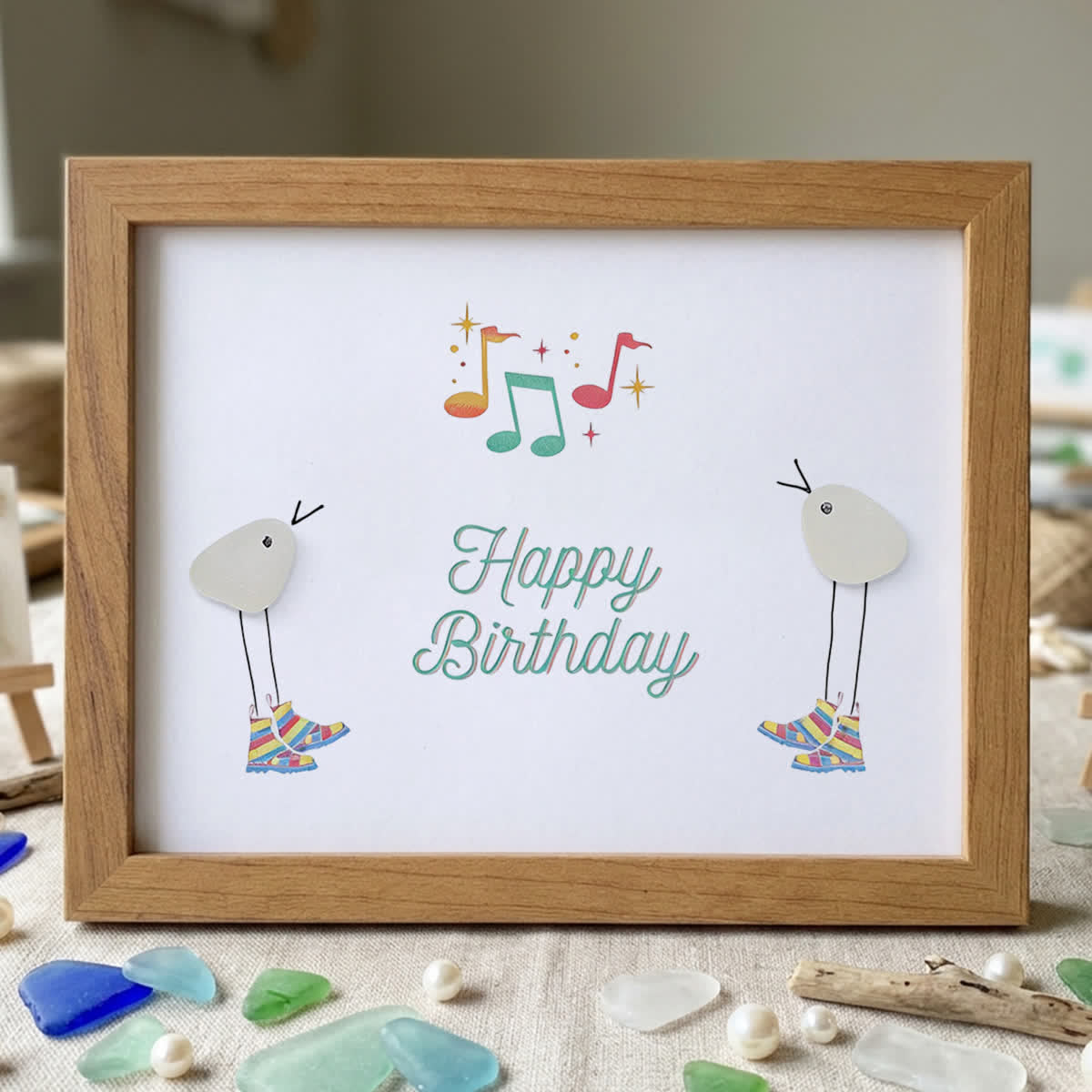 Happy Birthday Melody Dancing Birds Sea Glass Framed Art - Walnut Brown - 6" X 8" - image 8