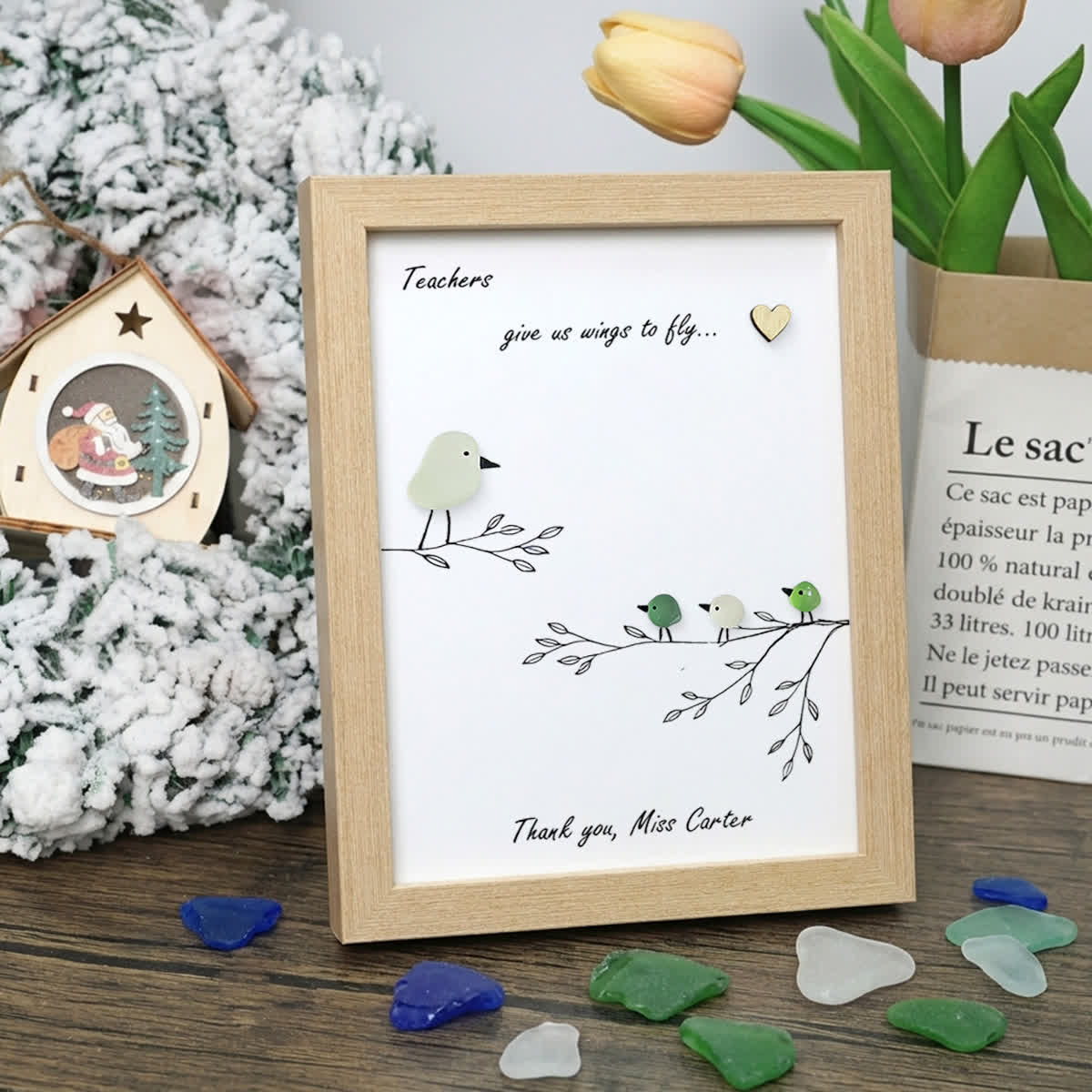 Teachers Give Us Wings Custom Name Sea Glass Framed Art - Oak - 8" X 6" - image 5