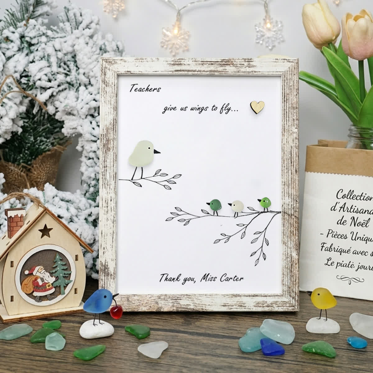 Teachers Give Us Wings Custom Name Sea Glass Framed Art - Retro White - 8" X 6" - image 9