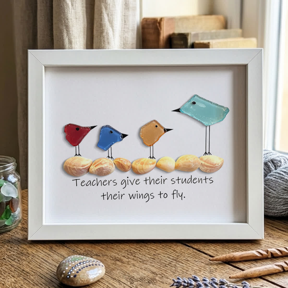 Teachers Give Wings Bird Flock Sea Glass Framed Art - White - 6" X 8" - image 10