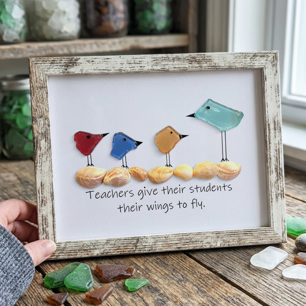 Teachers Give Wings Bird Flock Sea Glass Framed Art - Retro White - 6" X 8" - image 11