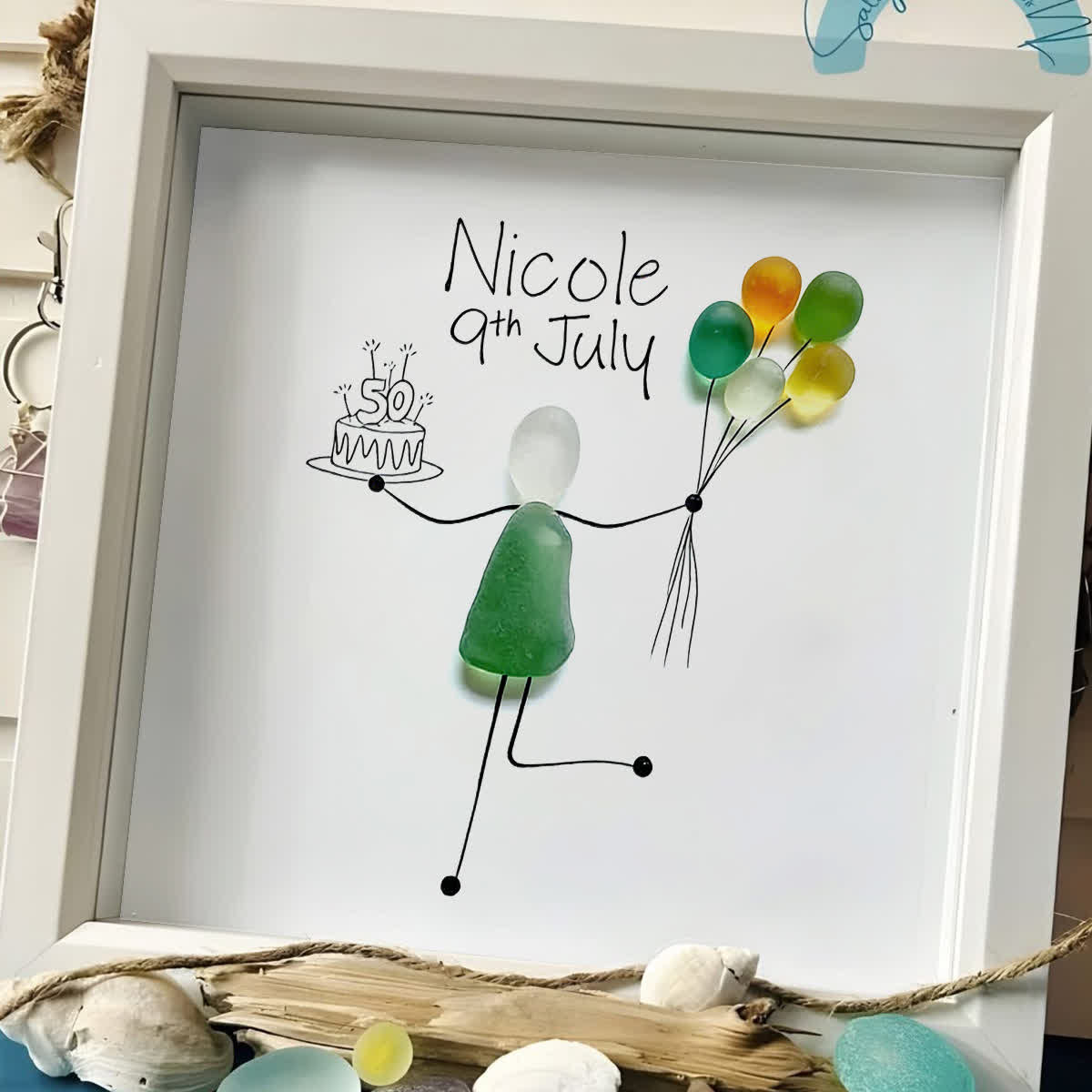 Birthday Cake Custom Date & Name Sea Glass Framed Art - image 3