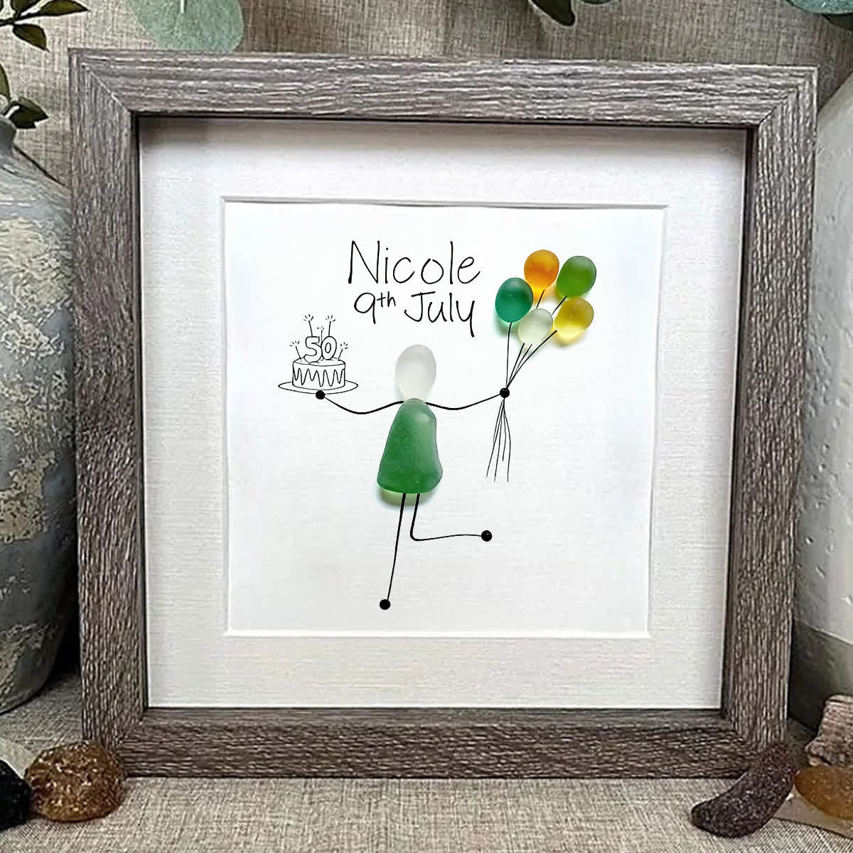 Birthday Cake Custom Date & Name Sea Glass Framed Art - image 0