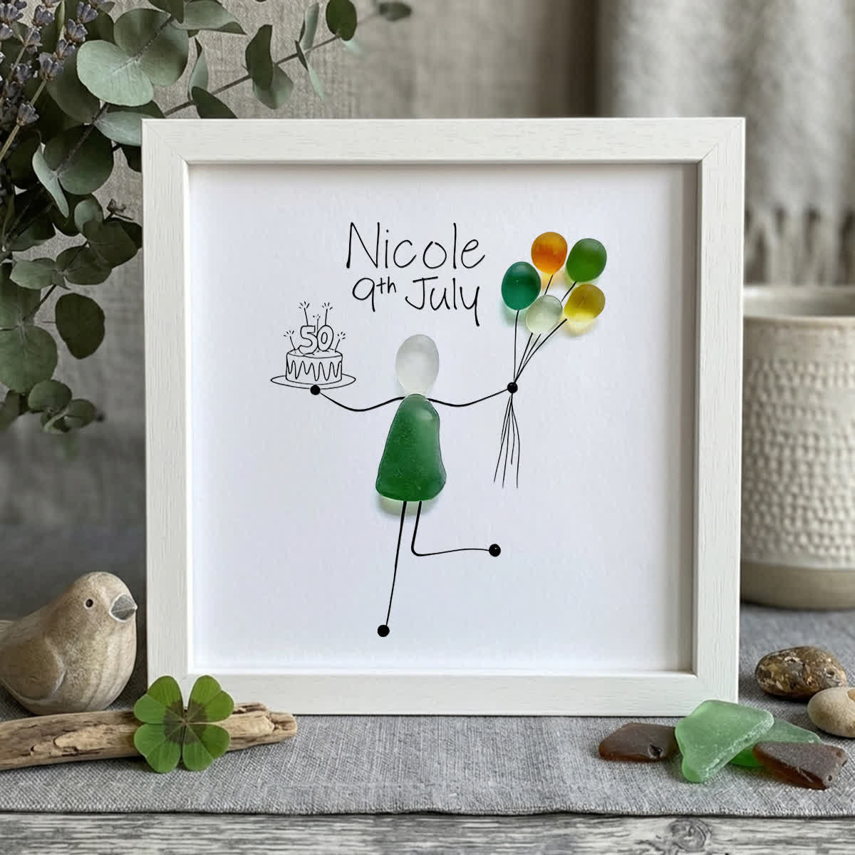 Birthday Cake Custom Date & Name Sea Glass Framed Art - White - 8" X 8" - image 9