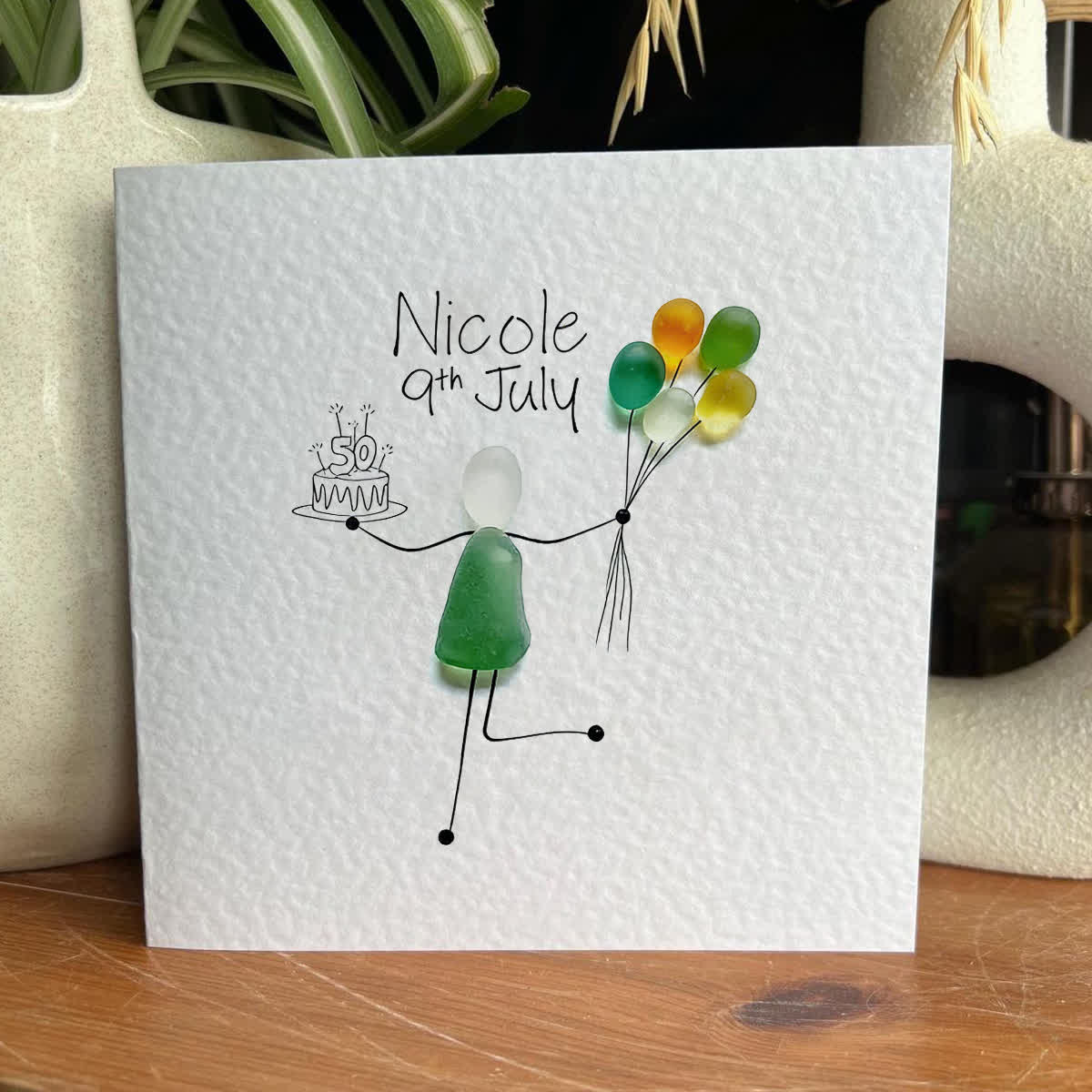 Birthday Cake Custom Date & Name Sea Glass Framed Art - Seaglass Card - 8" X 8" - image 1