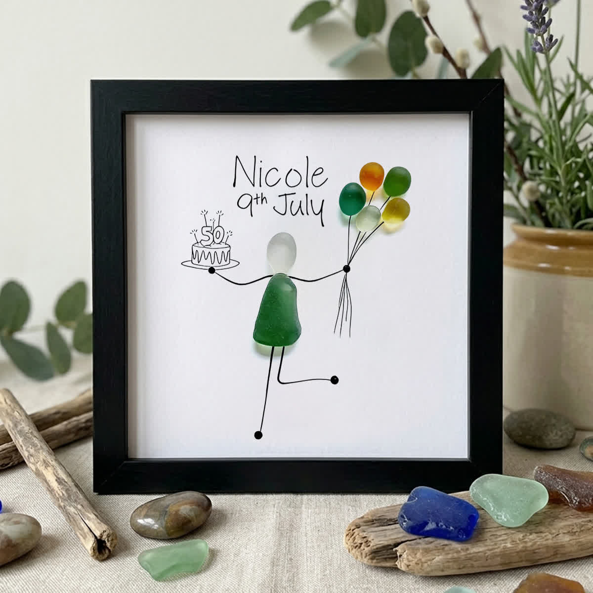 Birthday Cake Custom Date & Name Sea Glass Framed Art - Black - 8" X 8" - image 8