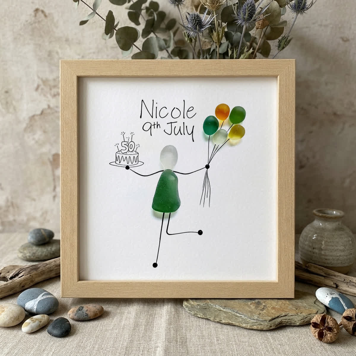Birthday Cake Custom Date & Name Sea Glass Framed Art - Oak - 8" X 8" - image 7
