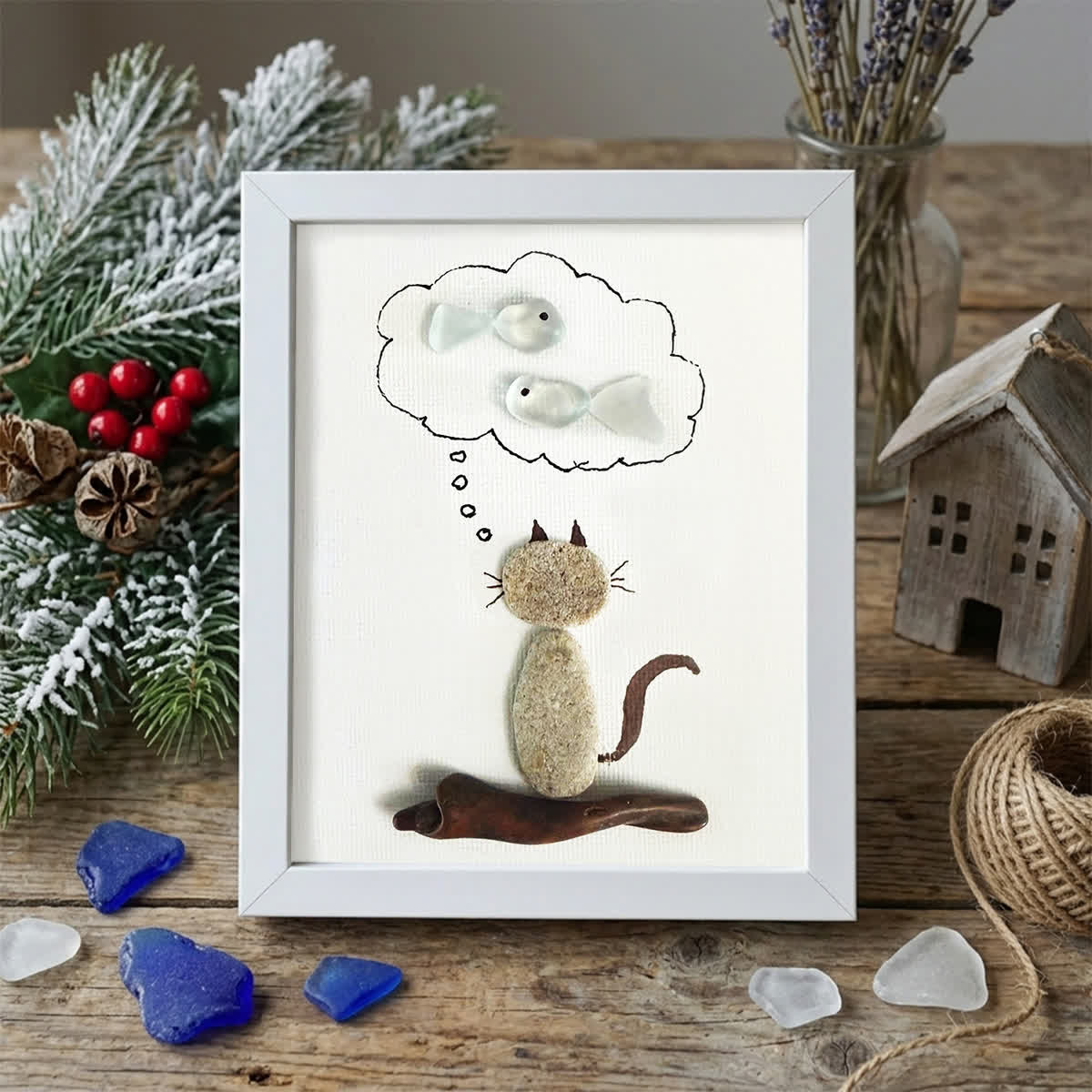Cat's Daydreams & Fish Sea Glass Framed Art - White - 8" X 6" - image 10