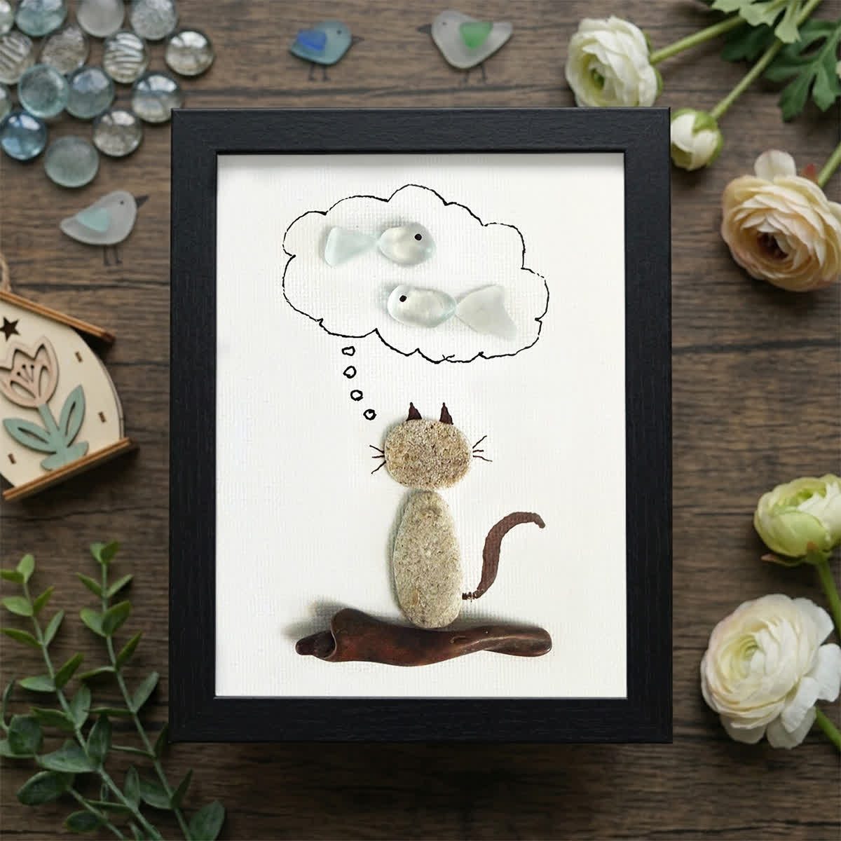Cat's Daydreams & Fish Sea Glass Framed Art - Black - 8" X 6" - image 9