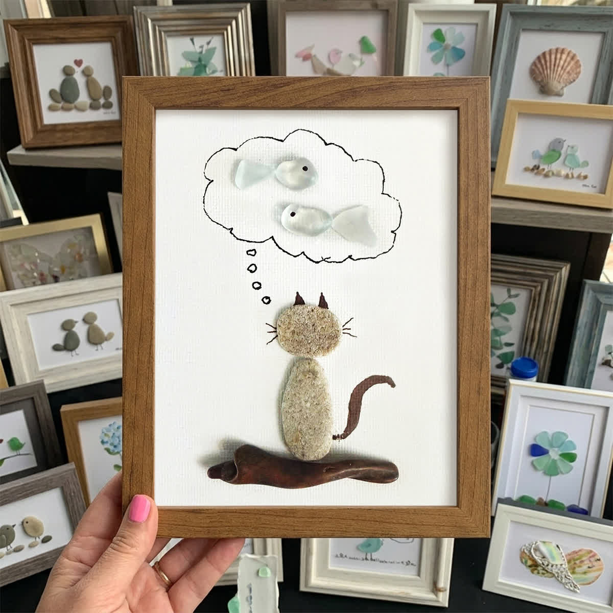 Cat's Daydreams & Fish Sea Glass Framed Art - Walnut Brown - 8" X 6" - image 8