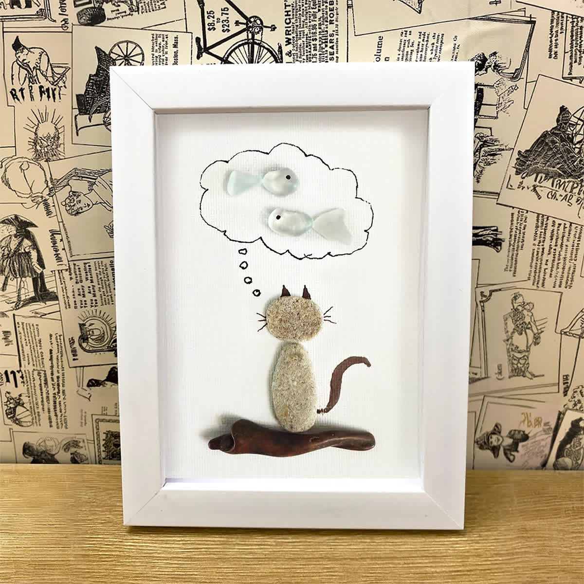 Cat's Daydreams & Fish Sea Glass Framed Art - image 4