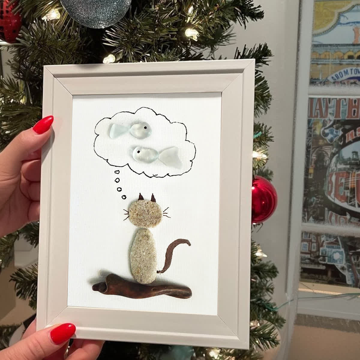Cat's Daydreams & Fish Sea Glass Framed Art - image 0