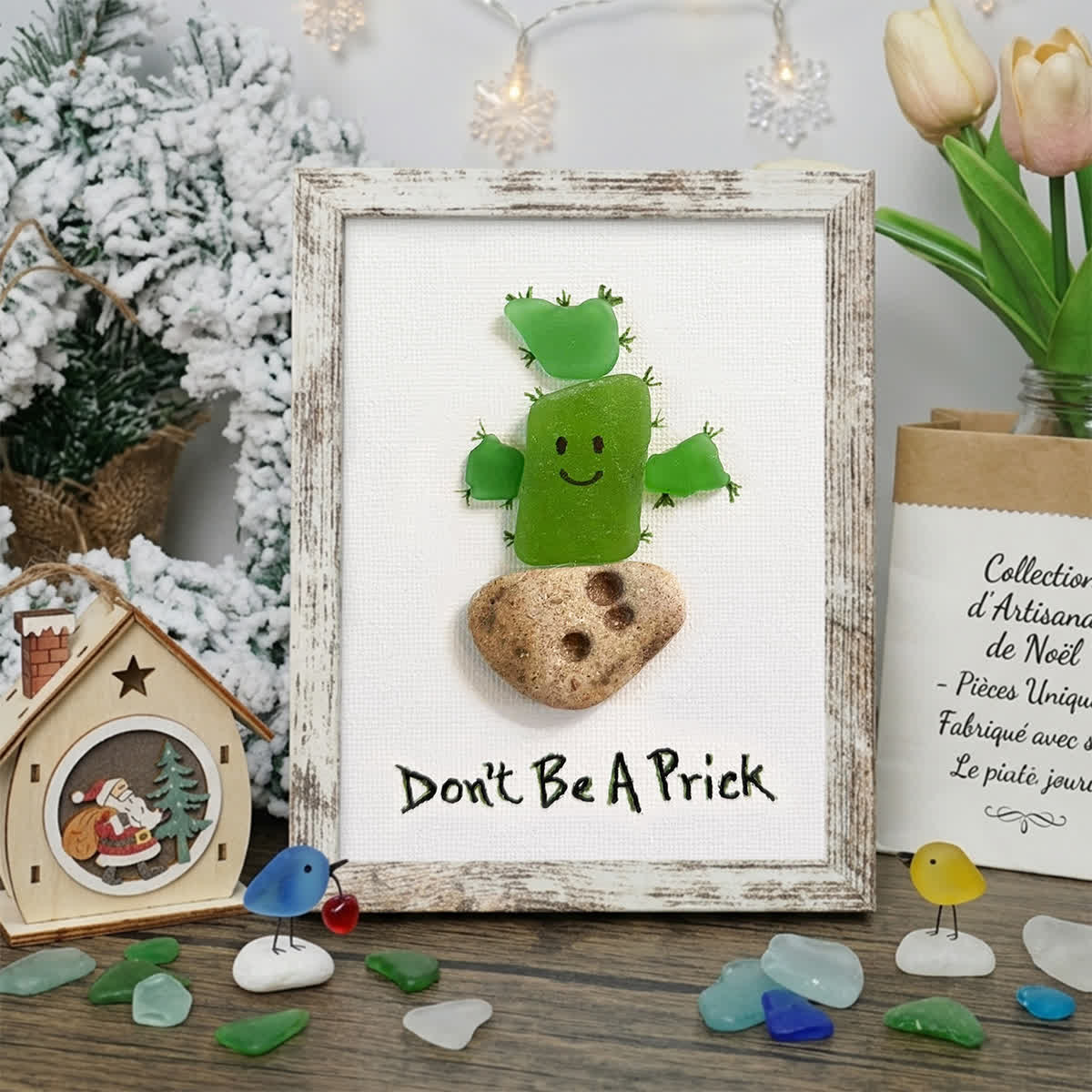 "Don't Be A Prick" Cactus Sea Glass Framed Art - Retro White - 8" X 6" - image 11