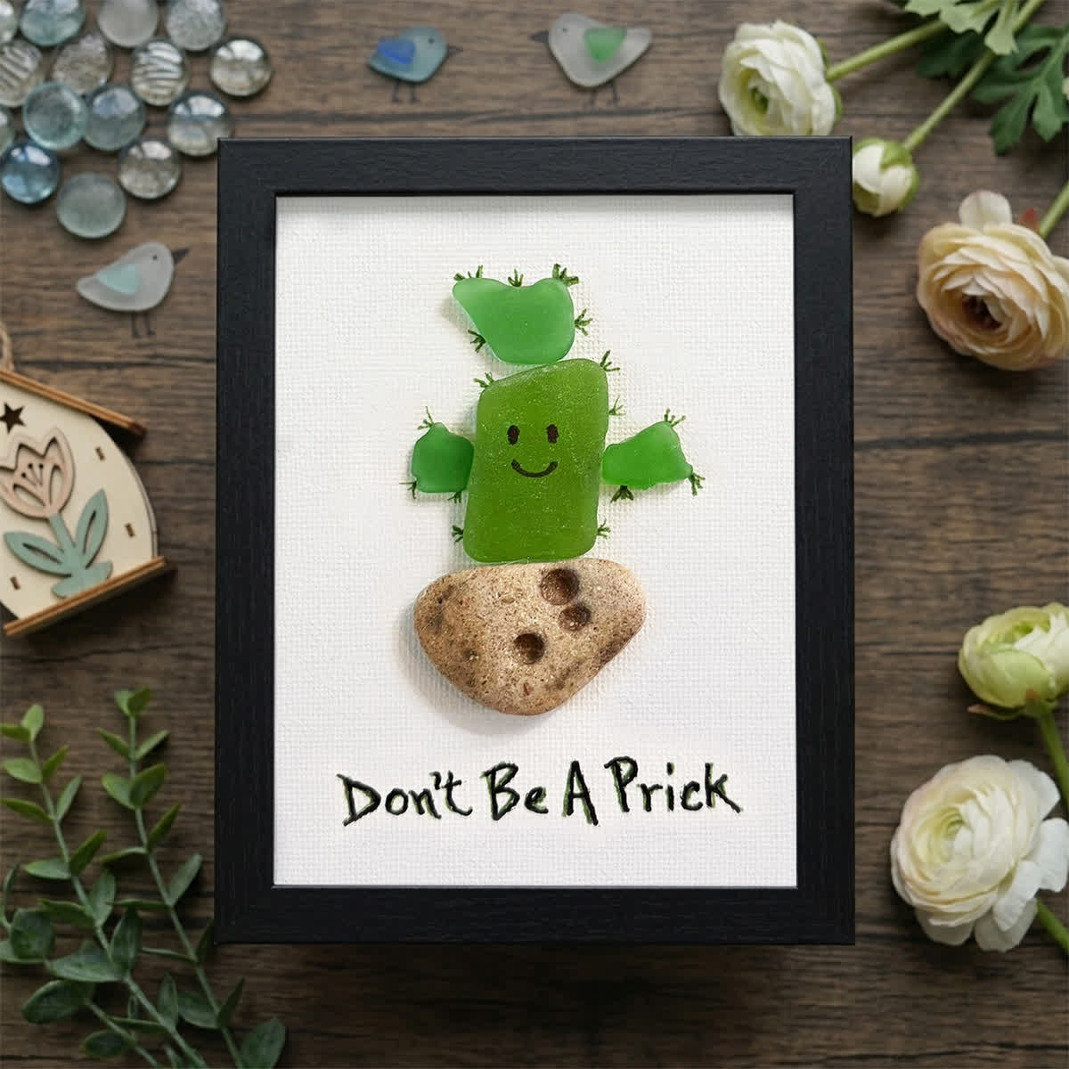 "Don't Be A Prick" Cactus Sea Glass Framed Art - Black - 8" X 6" - image 9