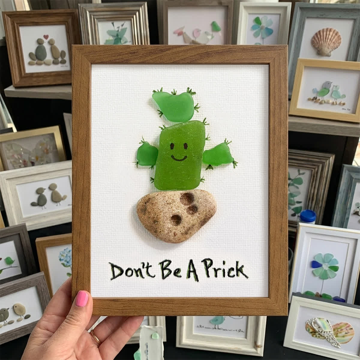 "Don't Be A Prick" Cactus Sea Glass Framed Art - Walnut Brown - 8" X 6" - image 8