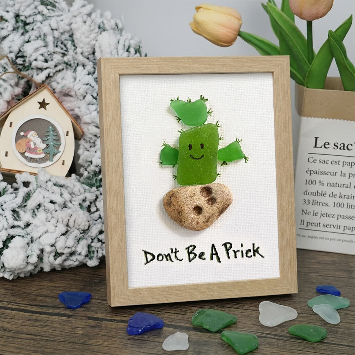 "Don't Be A Prick" Cactus Sea Glass Framed Art - Oak - 8" X 6" - image 7