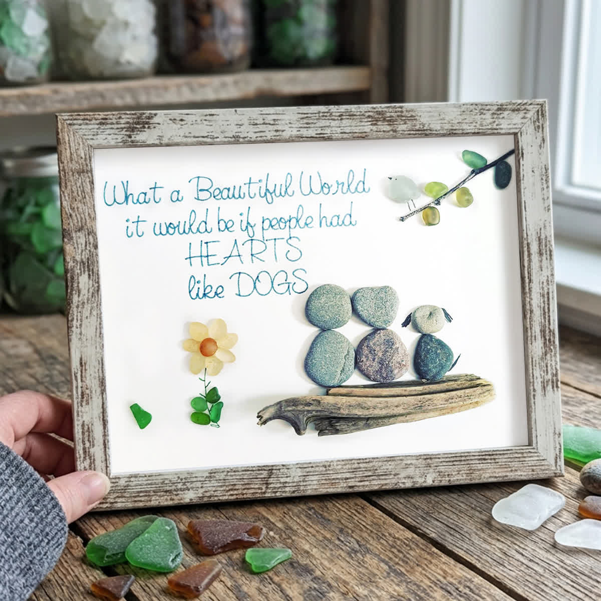 Hearts Like Dogs & Petals Sea Glass Framed Art - Retro White - 6" X 8" - image 11