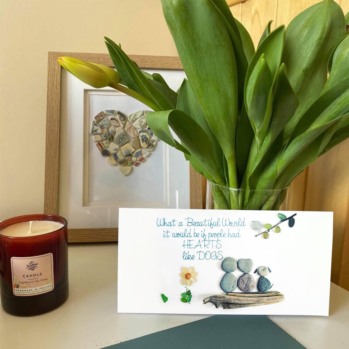 Hearts Like Dogs & Petals Sea Glass Framed Art - Seaglass Card - 6" X 8" - image 1