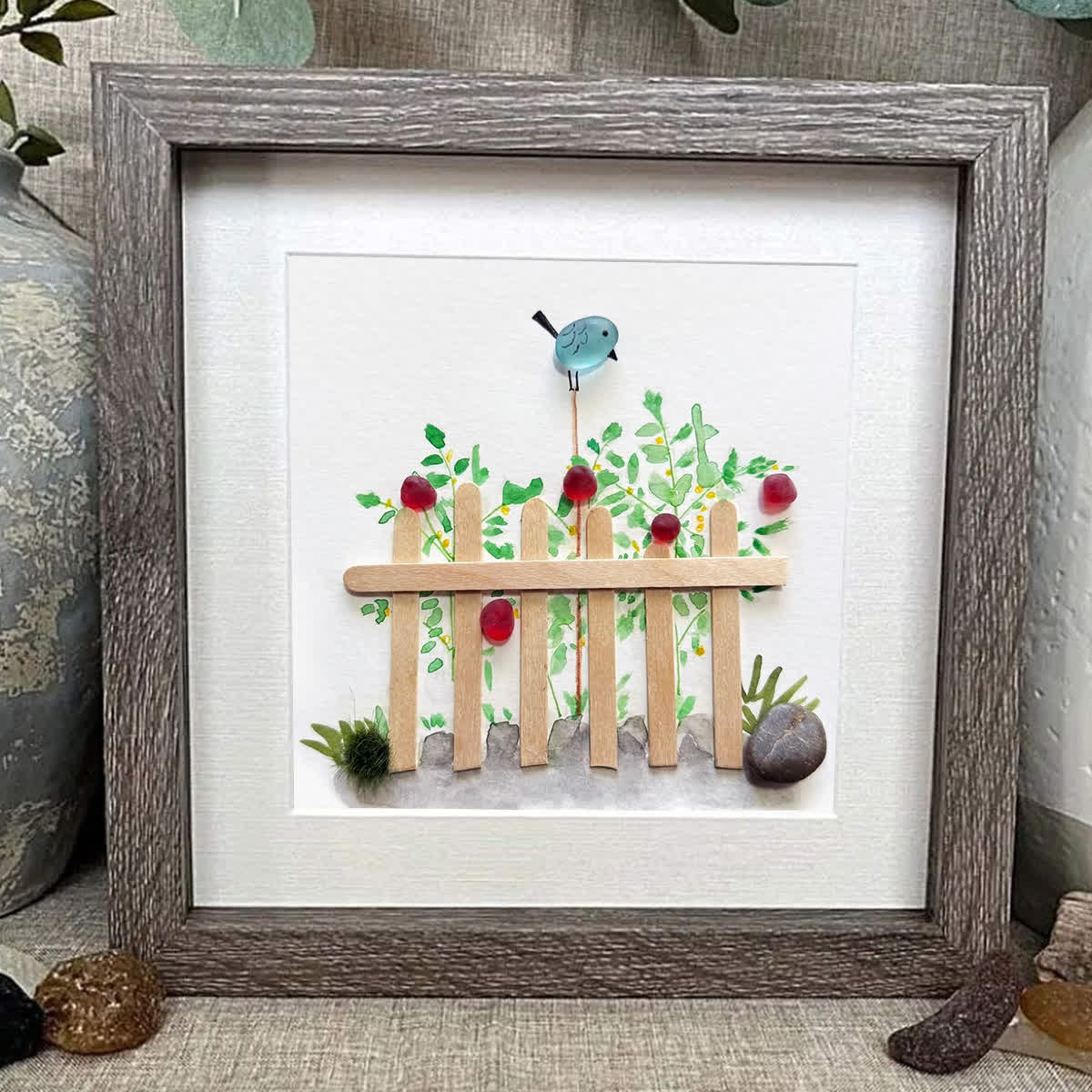 Garden Song Bird & Berry Sea Glass Framed Art - image 0