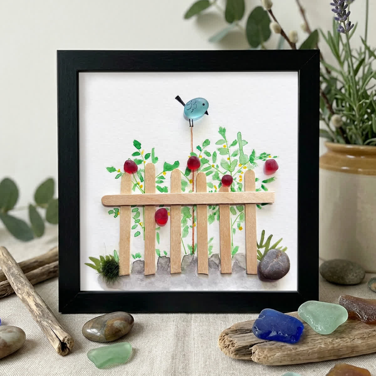 Garden Song Bird & Berry Sea Glass Framed Art - Black - 8" X 8" - image 9