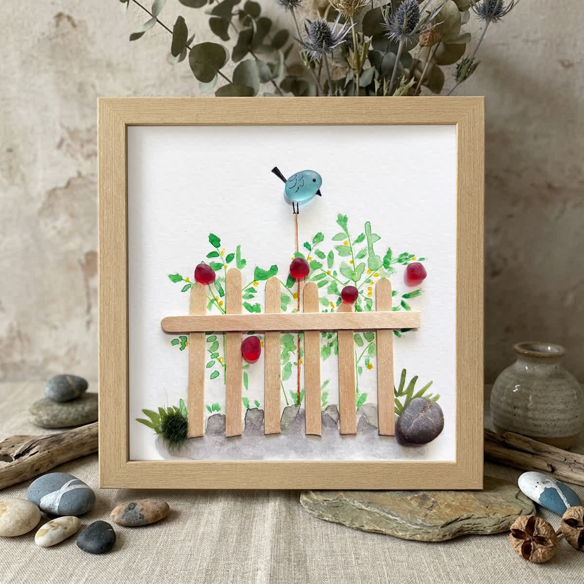 Garden Song Bird & Berry Sea Glass Framed Art - Oak - 8" X 8" - image 8