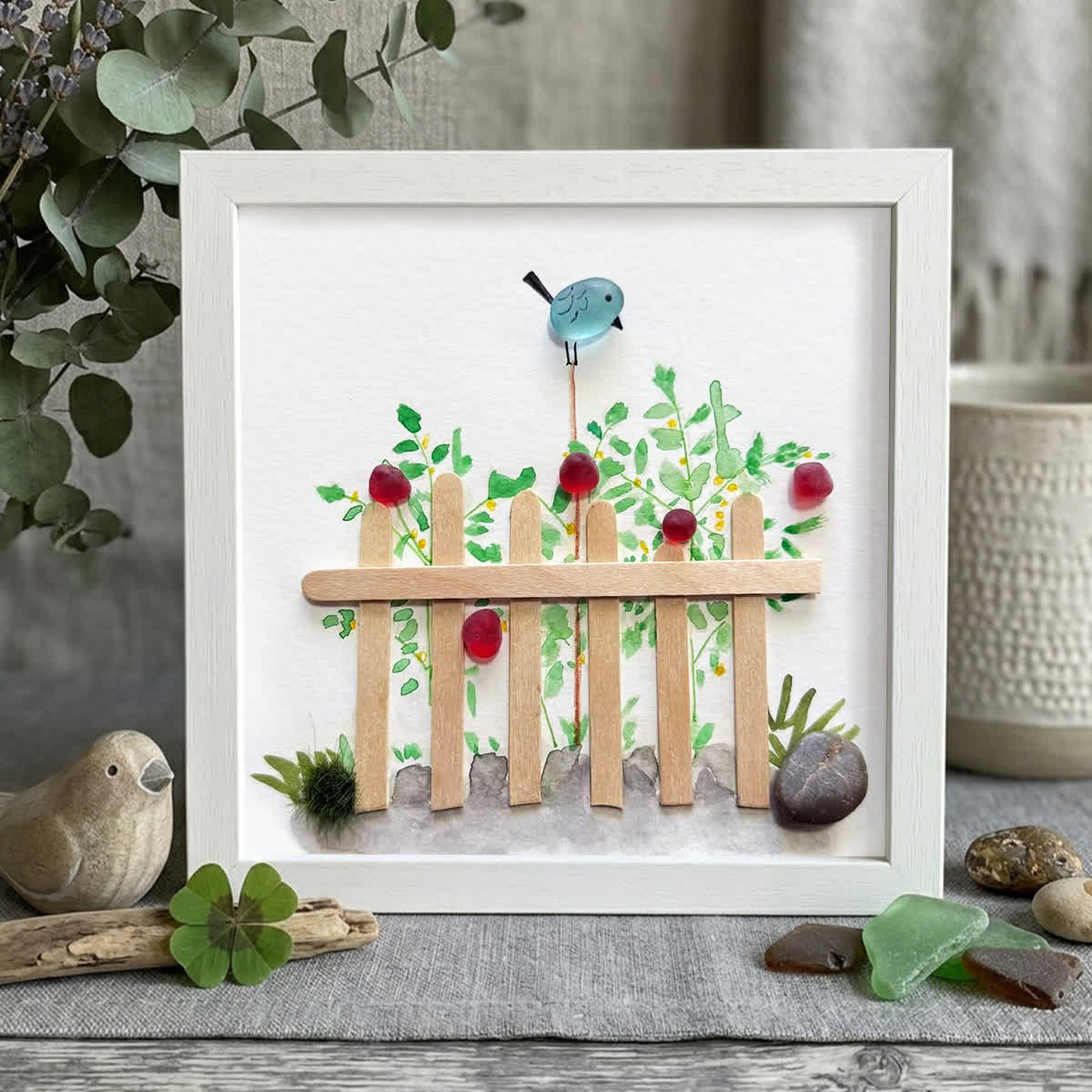 Garden Song Bird & Berry Sea Glass Framed Art - White - 8" X 8" - image 10
