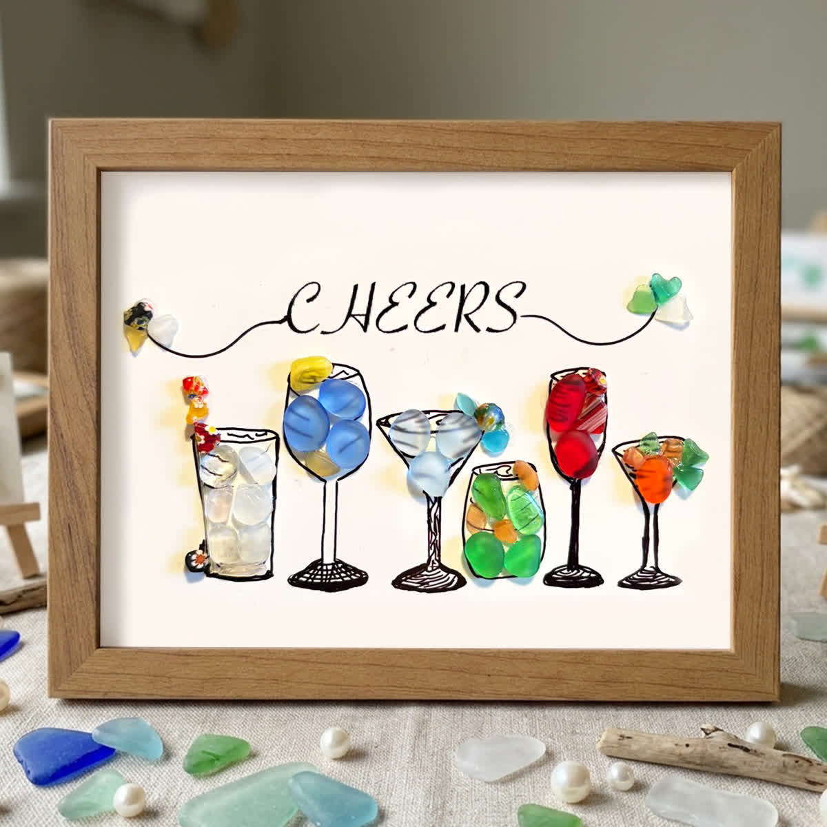 Coastal Cheers Colorful Cocktail Sea Glass Framed Art - Walnut Brown - 6" X 8" - image 8