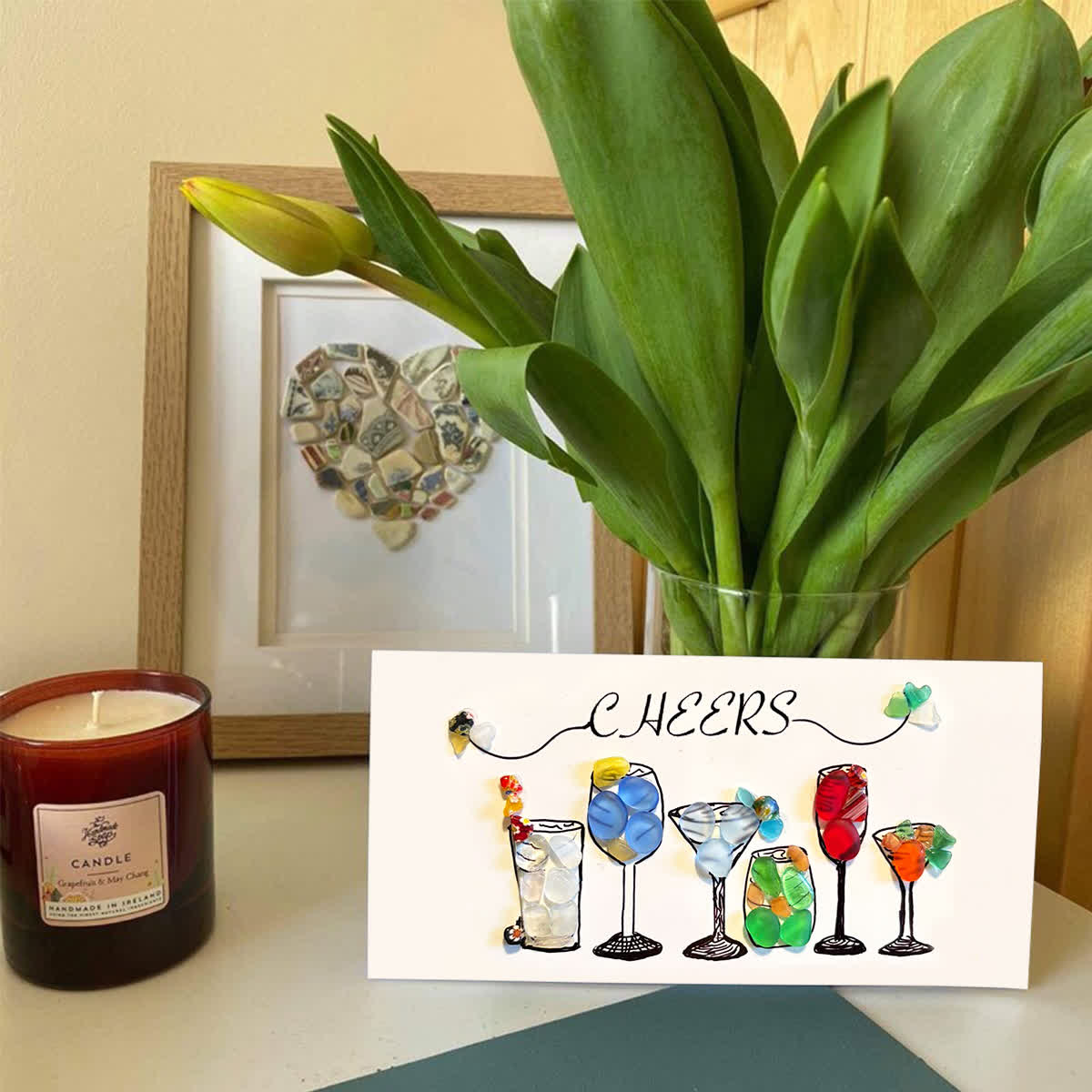 Coastal Cheers Colorful Cocktail Sea Glass Framed Art - Seaglass Card - 6" X 8" - image 1