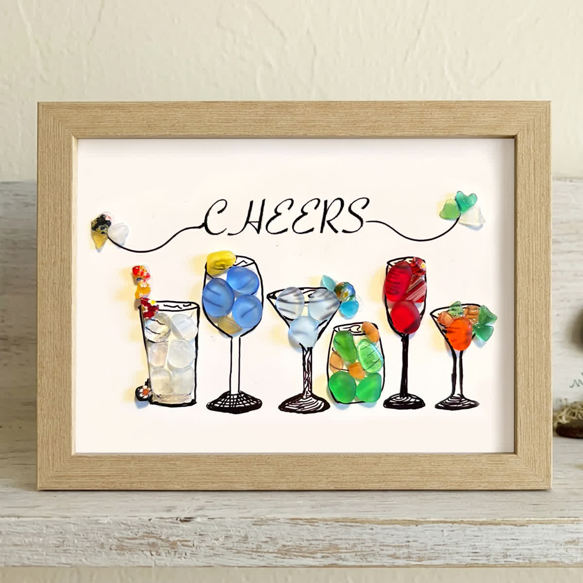 Coastal Cheers Colorful Cocktail Sea Glass Framed Art - Oak - 6" X 8" - image 7