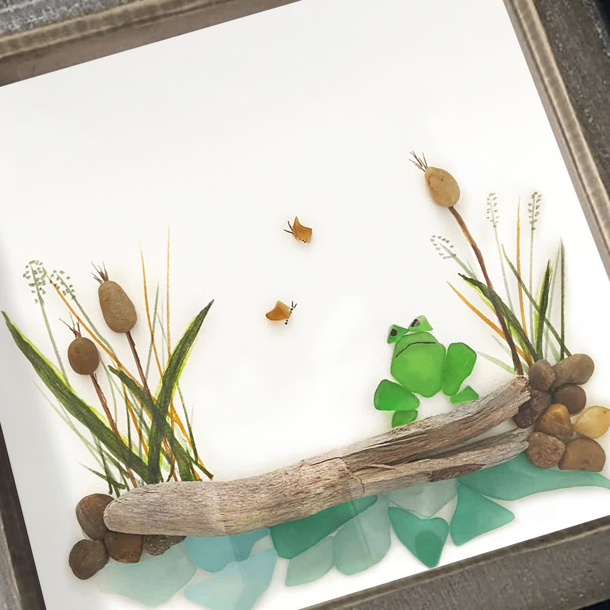 Pondside Serenity Frog & Wetland Sea Glass Framed Art - image 3