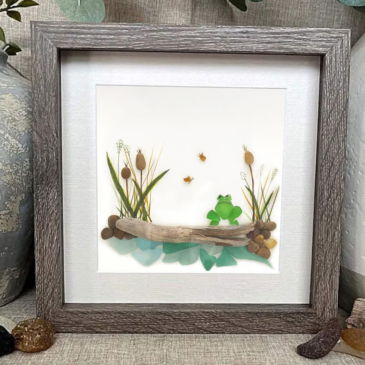 Pondside Serenity Frog & Wetland Sea Glass Framed Art - image 0