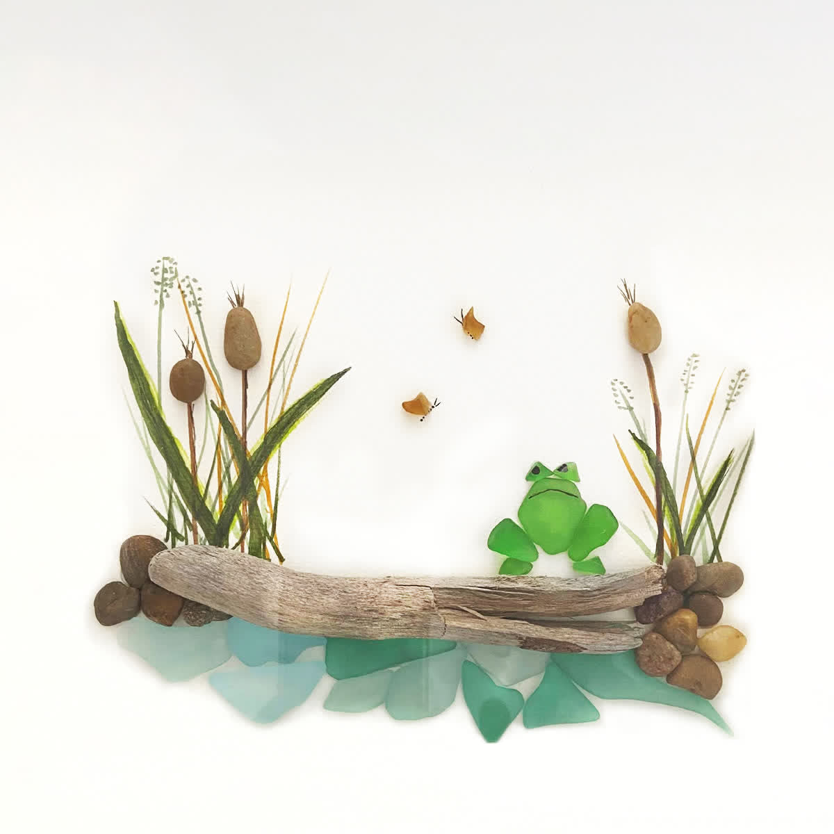 Pondside Serenity Frog & Wetland Sea Glass Framed Art - image 2