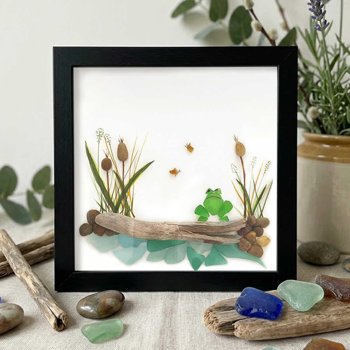 Pondside Serenity Frog & Wetland Sea Glass Framed Art - Black - 8" X 8" - image 9