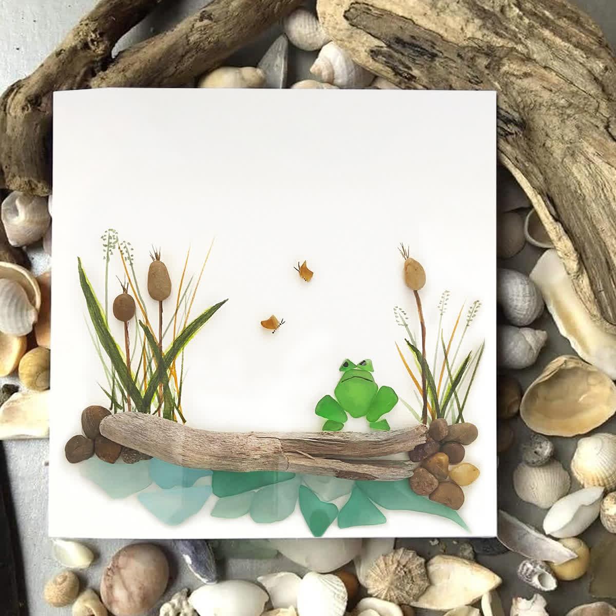 Pondside Serenity Frog & Wetland Sea Glass Framed Art - Seaglass Card - 8" X 8" - image 1