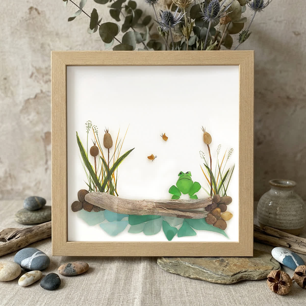 Pondside Serenity Frog & Wetland Sea Glass Framed Art - Oak - 8" X 8" - image 8