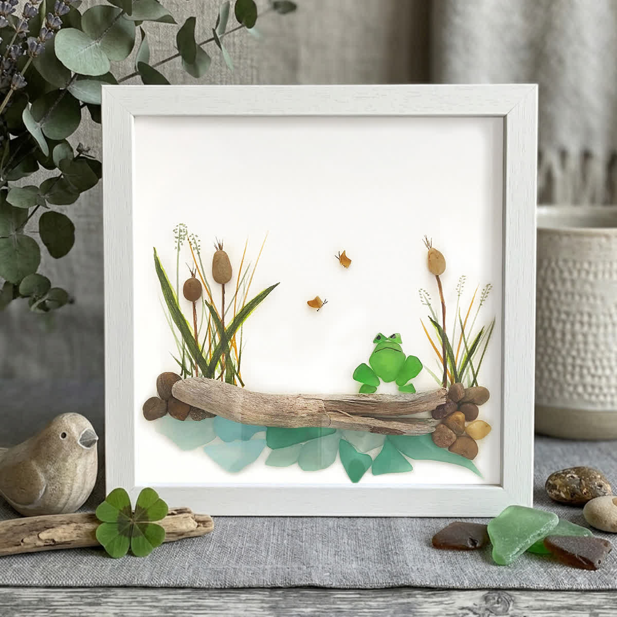 Pondside Serenity Frog & Wetland Sea Glass Framed Art - White - 8" X 8" - image 10