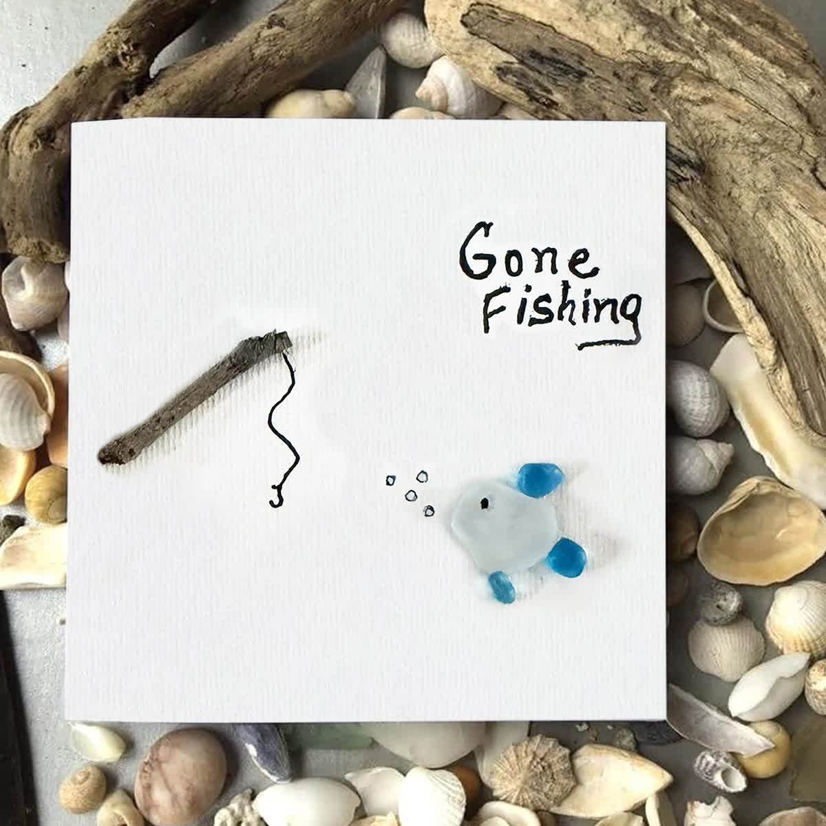 Gone Fishing Fisherman's Tale Sea Glass Framed Art - Seaglass Card - 8" X 8" - image 1