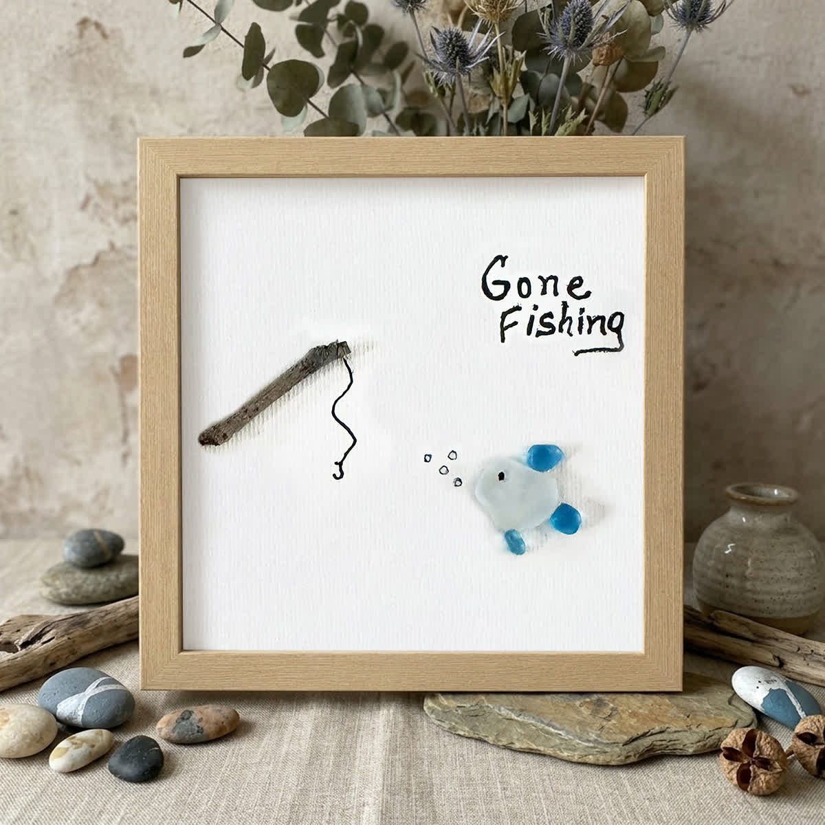 Gone Fishing Fisherman's Tale Sea Glass Framed Art - Oak - 8" X 8" - image 8