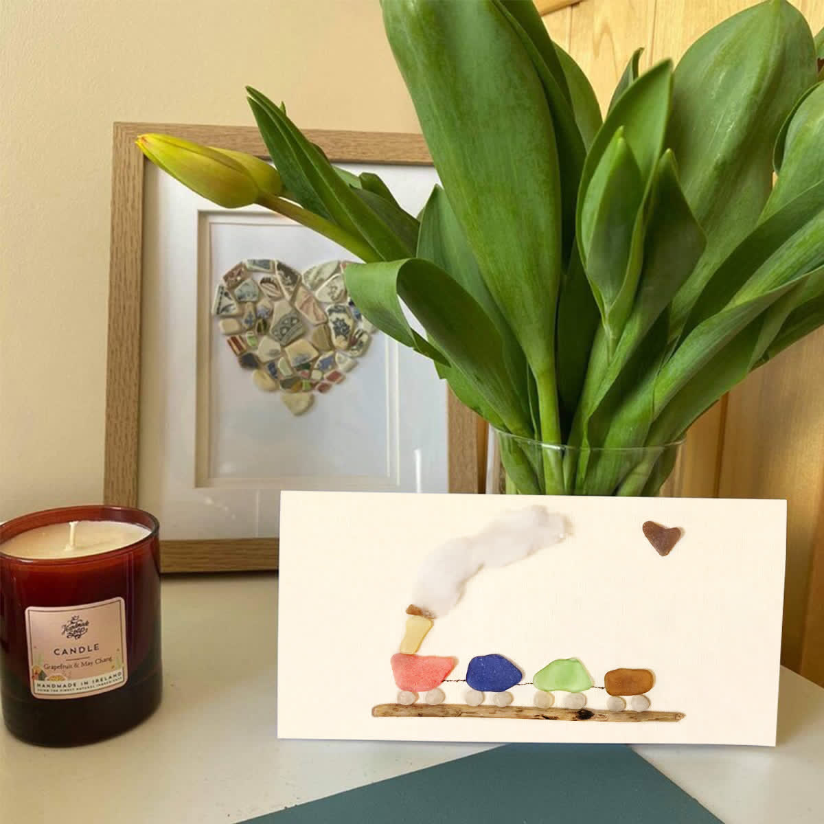 Coastal Choo-Choo Chain Sea Glass Framed Art - Seaglass Card - 6" X 8" - image 1