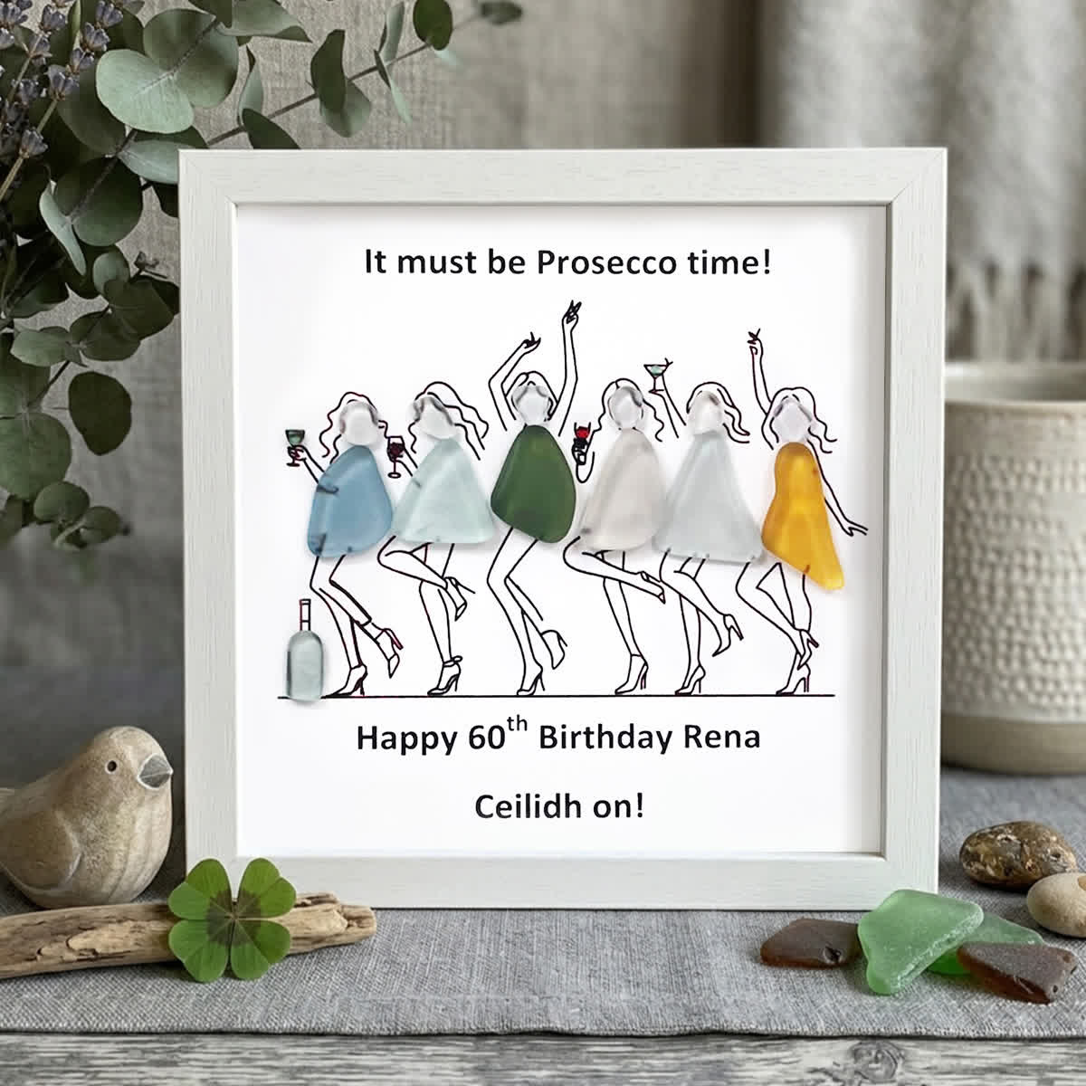Prosecco Time Custom Birthday Age Sea Glass Framed Art - White - 8" X 8" - image 10