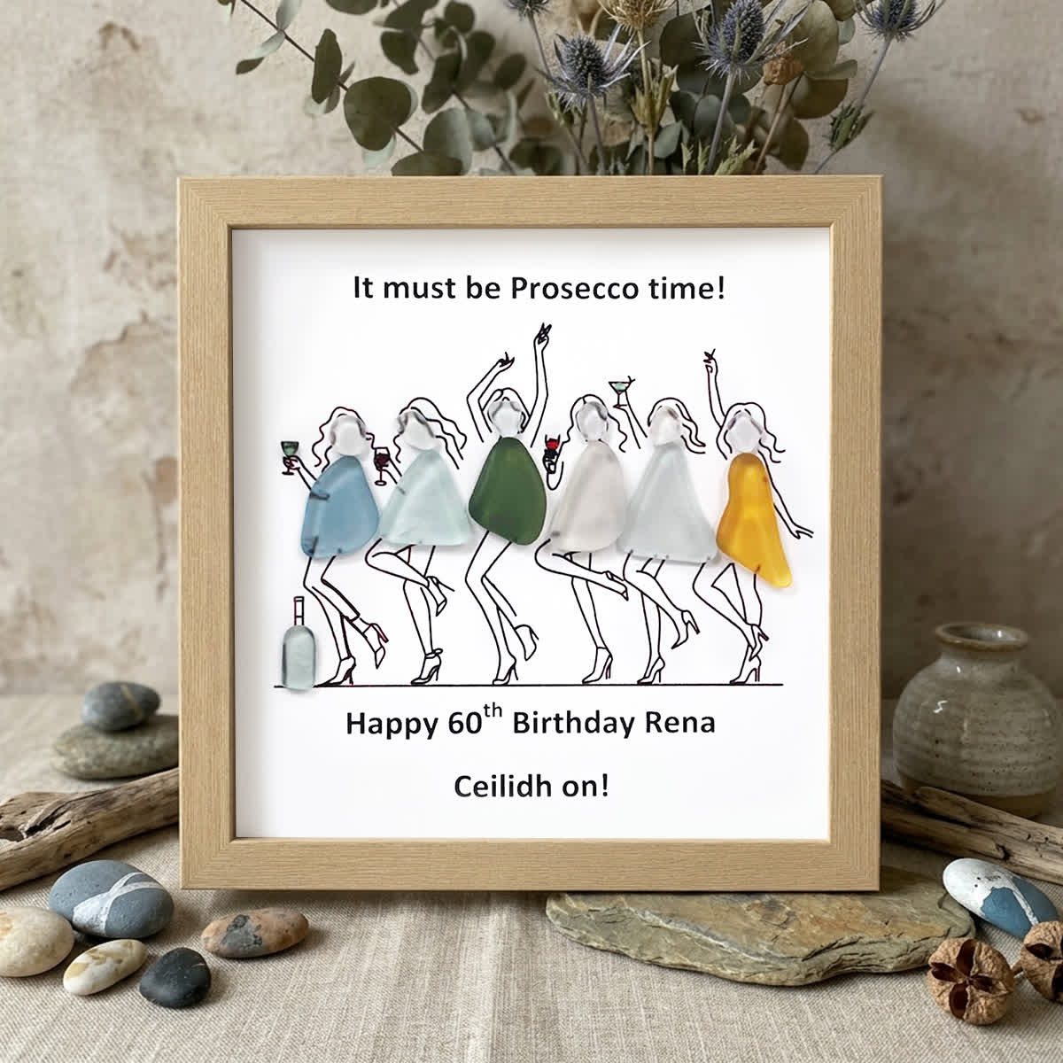 Prosecco Time Custom Birthday Age Sea Glass Framed Art - Oak - 8" X 8" - image 8