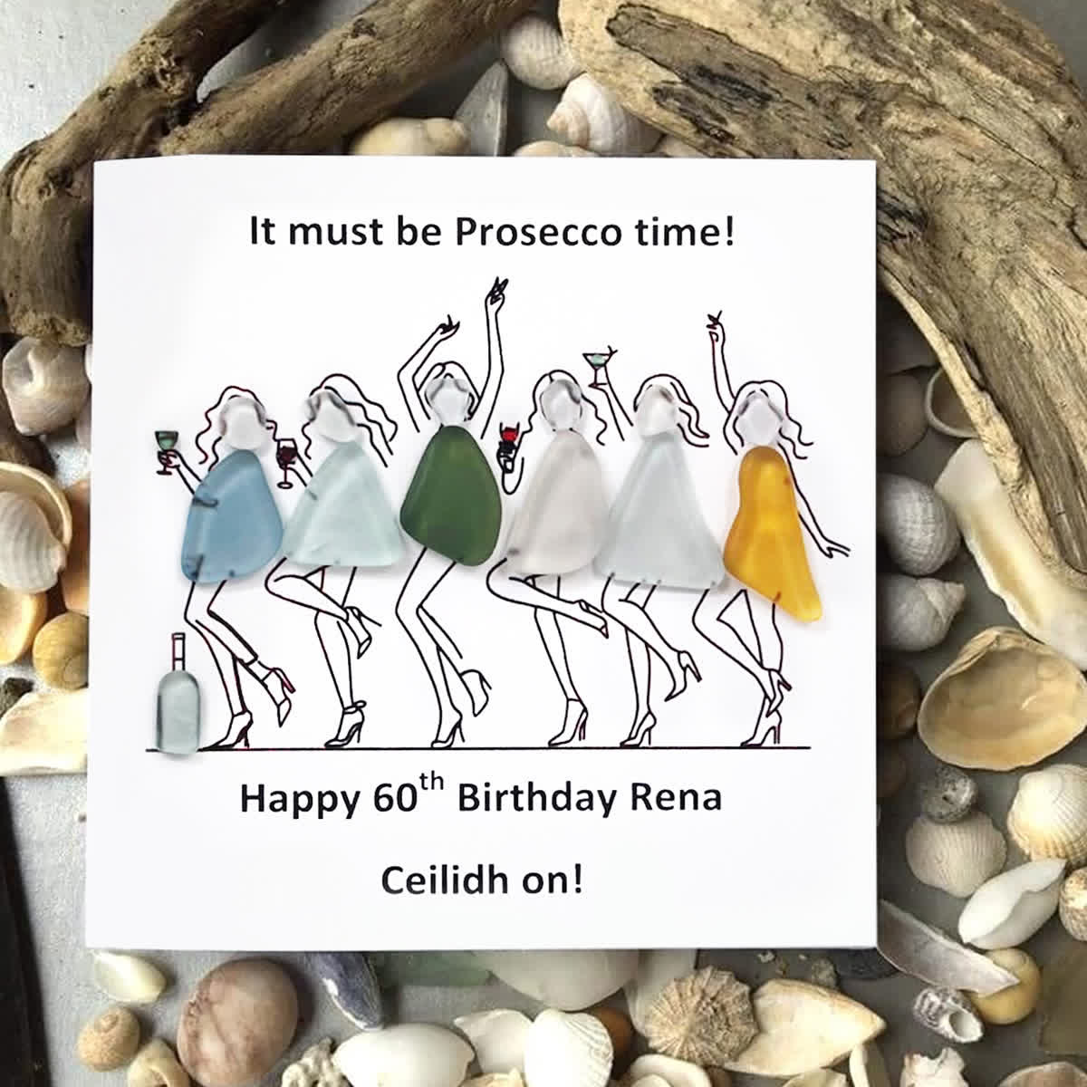 Prosecco Time Custom Birthday Age Sea Glass Framed Art - Seaglass Card - 8" X 8" - image 1