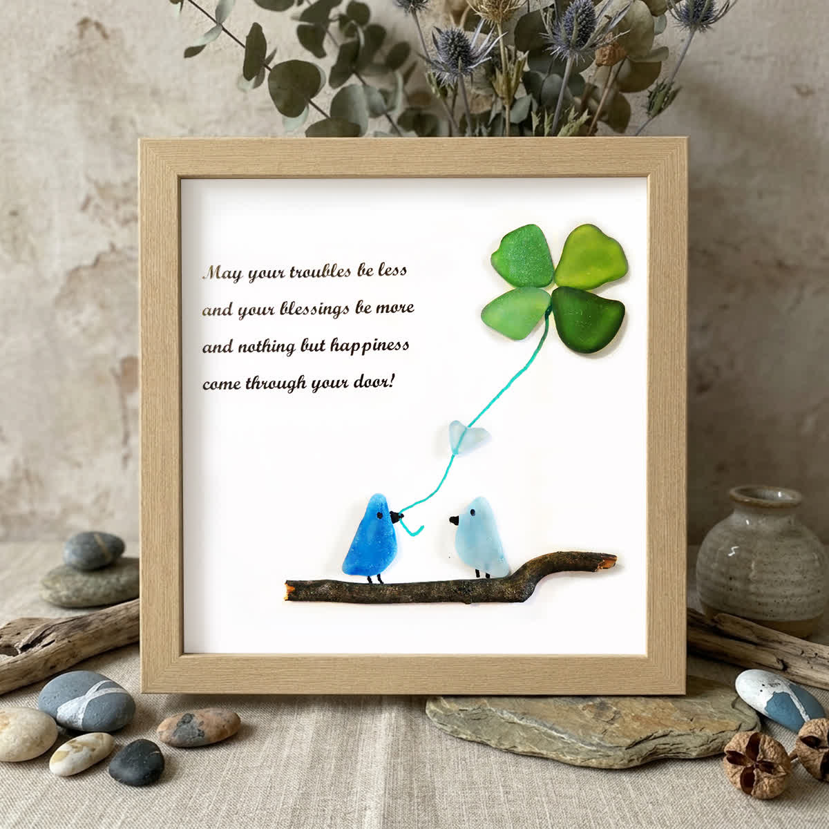 Tide's Blessings Bird & Clover Sea Glass Framed Art - Oak - 8" X 8" - image 8