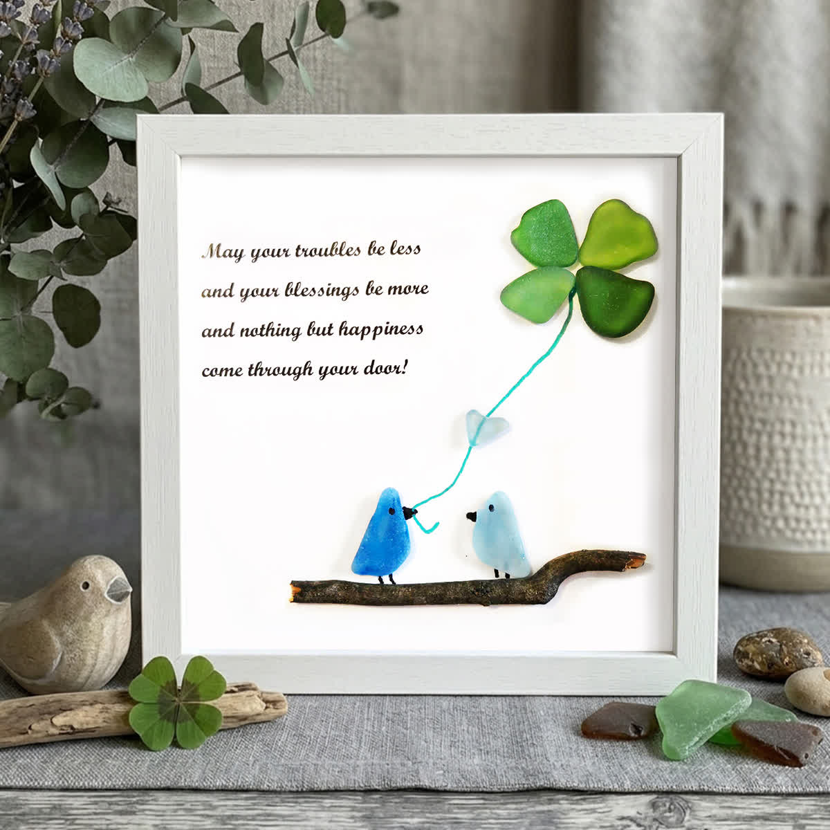 Tide's Blessings Bird & Clover Sea Glass Framed Art - White - 8" X 8" - image 10