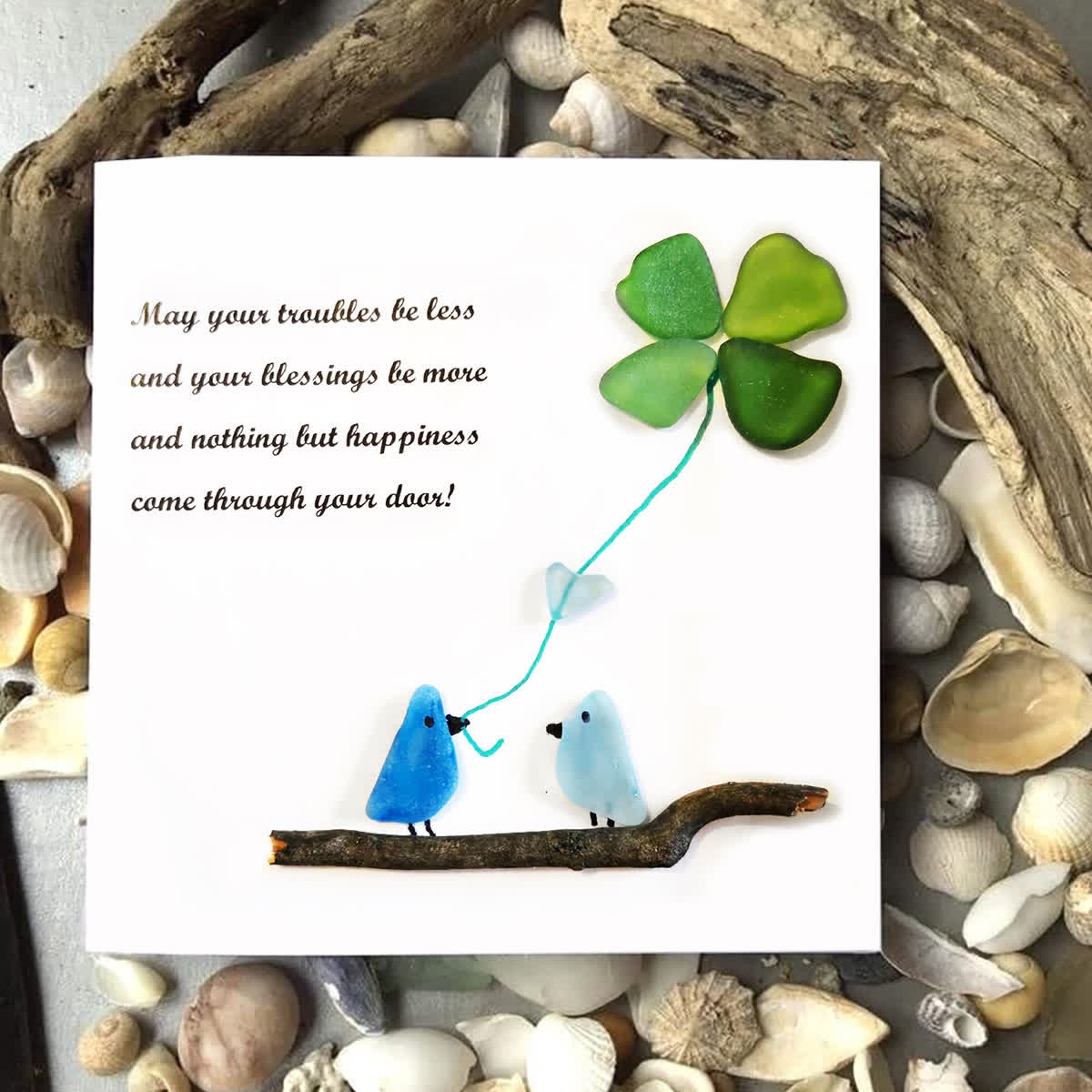 Tide's Blessings Bird & Clover Sea Glass Framed Art - Seaglass Card - 8" X 8" - image 1