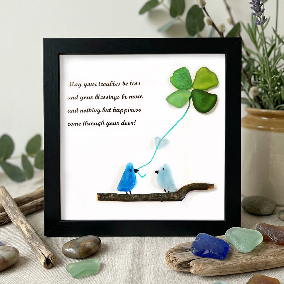 Tide's Blessings Bird & Clover Sea Glass Framed Art - Black - 8" X 8" - image 9