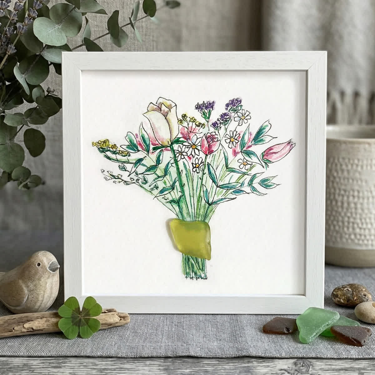 Nature's Beauty Flower Bouquet Sea Glass Framed Art - White - 8" X 8" - image 10